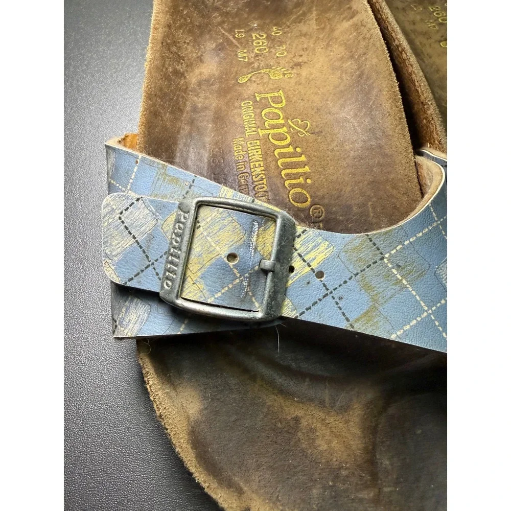 Papillio Birkenstock Madrid Sandals Blue Yellow Plaid Argyle Buckle Slide 40 L9